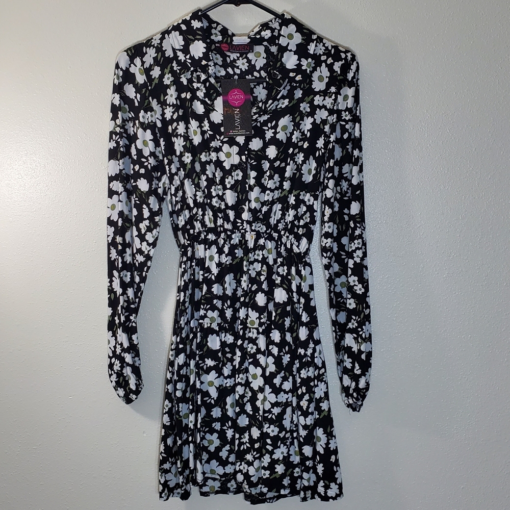 LavienFloral Long Sleeve Dress - Black, Green and White